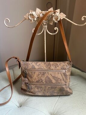HOBO International Tan Leather Metallic Flexed Snakeskin Print Crossbody Bag